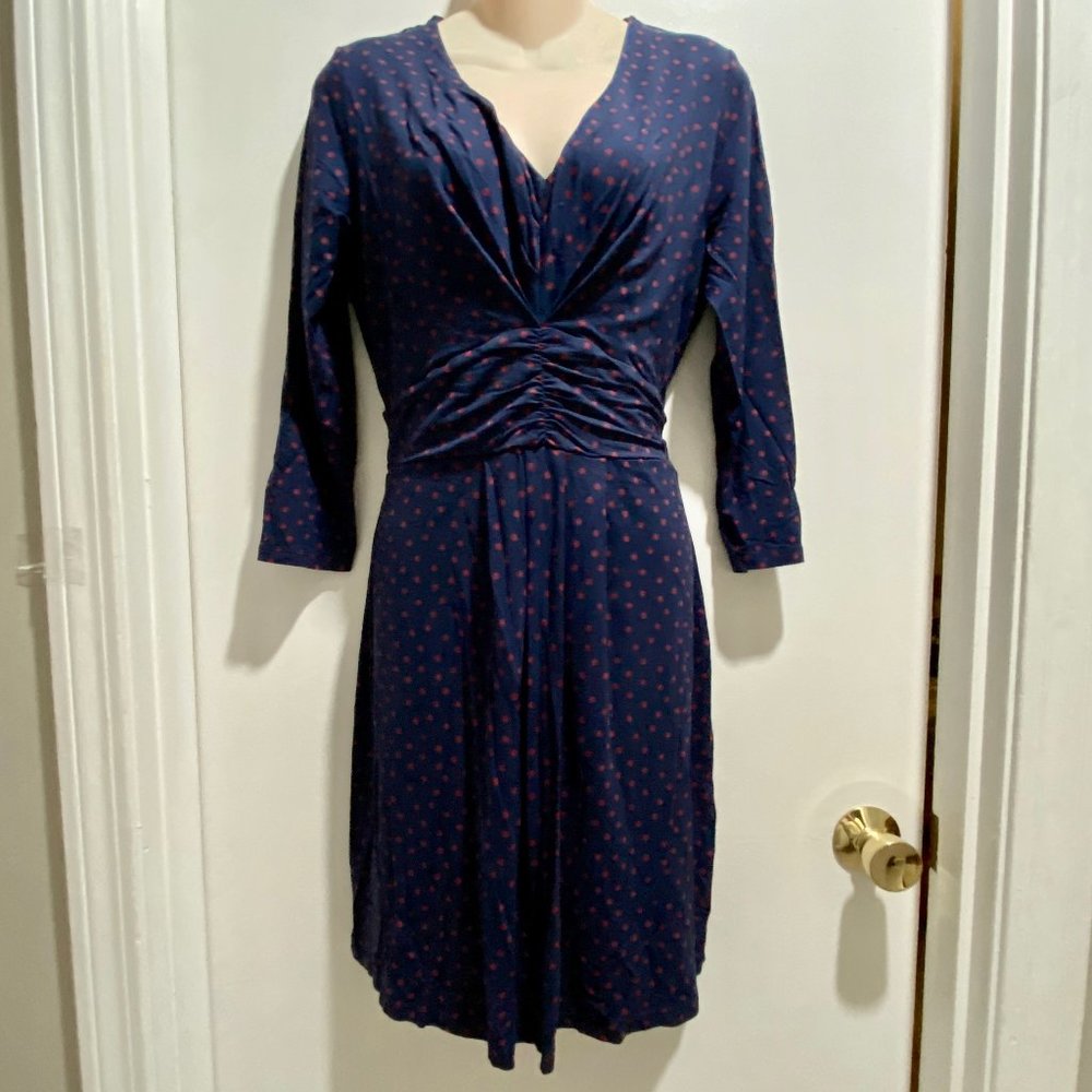 (4) Boden Babydoll Polka Dot Navy 3/4 Sleeve 90s Fairy Knit Ruched Fr. Stretc…